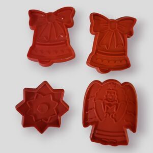 Lot Of 4 Hutzler Christmas Cookie Cutters Red Plastic Angel Bells Star